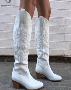 BONJOMARISA White Cowboy Cowgirls Western Embroidery Fashion Women KneeHigh Autumn Design womens Boots Shoes 2208081825219