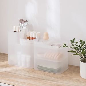 Fashion Frosted Plastic Clear Cosmetic Organiser Simple Home Stationery Toiletries Storage Box Multiple Sizes Storage Organizer