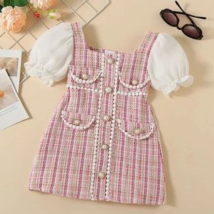 Bear Leader Children Clothing Korean Style Tweed Plaid Pearl Button Small Fur Ball Decoration Fragrant Style Bubble Sleeve Dress 240520