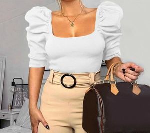 Vintage Puff Sleeve Women Blus Square Neck Korean Style Tops Elegant Sexig White Black Slim Crop Blouse Women5893853