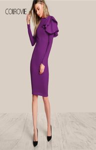 Colrovie Purple One Side Mared Ruffle Trim Plore Party 2018 Осеннее черное тонкое элегантное платье с длинным рукавом женские платья Y191584331