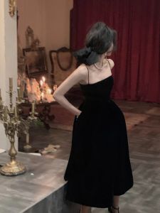French Black Velvet Spaghetti Strap Midi Dresses for Women 2023 Autumn Elegant Party 2-piece A-line Evening Prom Female Clothing