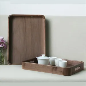 TEA TRAYS TROE TRAY NORDIC LIGHT Luxury Black Walnut Round Corner med handtag minimalistiska utsökta hema EL -kaffe