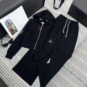 Loewve Suit Designer Luxury Fashion Women Autumn/Winter New Totem Brodery Hooded Pullover Elastic Midje Straight Byxor Set