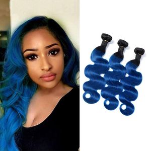 Brasilianska jungfruliga hårförlängningar 1b/blå ombre två toner färg kroppsvåg 100% mänskliga hår 3 buntar 1b blå okses