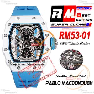 Pablo Macdonough 53-01 Ручной ветер Real Tourbillon Mens Watch RMF Белый TPT Quartz Carbon Black Inner Skeleton Dial Blue Rubber Super Edition Puretime Reloj Ptrm