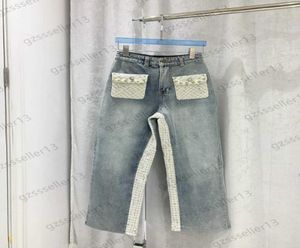 Jeans Womens Fashion Tweed Pockets Patchwork Denim Trousers Pearl Sequins Decoration High midje Slim Straight Jean Pants Retro Soc6769529