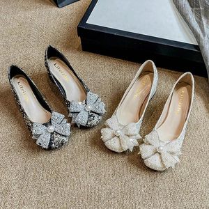 Elbise Ayakkabı 2024 Kadın 5cm Kare Toe Baskılı Kadın Bling İnci Kelebek Knots Pompalar Lady Luxury Podyum Büyük Boyut