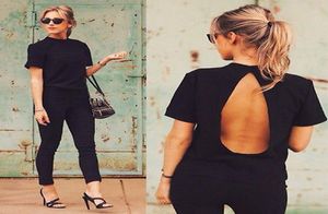 2016年の新しいかわいい女性ブラウス2016ファッションブラックオープンバックセクシーなトップス半袖シャツ女性夏服2870199