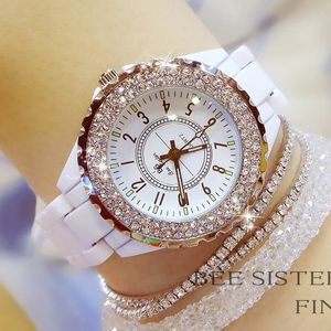 BS Top Luxury Watch Womens White Ceramic Band Womens Quartz Fashion Womens Rhinestone Black Watch 240513