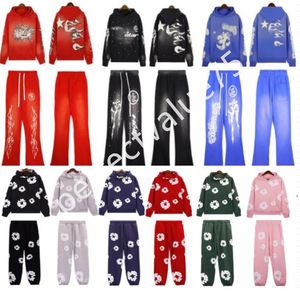 Rock Hip Hop Hoodies Set Washed Flame Letter Print Hooded Pullover Män Kvinnor överdizedr Sweatshirts Designer Tracksuit Sportwear Floral Make Pants S-XL