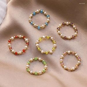 Cluster Rings Retro Colorful Crystal Beaded Finger Simple Small Baroque Pearls Natural Freshwater Pearl Wedding Party Female Girls