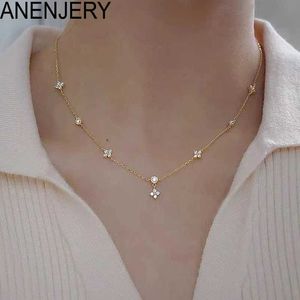 펜던트 목걸이 anenjery inlaid Zircon 여성을위한 4 개의 잎 꽃 체인 목걸이 새로운 틈새 라이트 럭셔리 핫 패션 칼라 초커 액세서리 Q240525