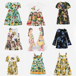 Top Quality Girl's Dresses Poplin and jersey dress with lemon and cherry print Poplin dress with yellow rose print 2024 Branded Dress