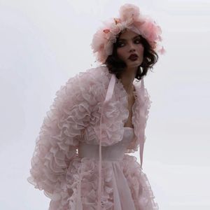 Women's Jackets Princess Light Pink Short Women Jacket Fluffy Tiered Organza Full Sleeves Female Coat Outfit Blazer Ropa De Mujer