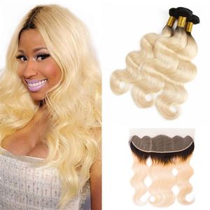 Malezyjska blondynka Ombre 1B/613 Body Wave Virgin Hair Wefts z 13x4 koronkową czołową 4 sztuki/LOT Human Hair Extensy 12-24 cali 1B 613 Uadpk