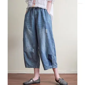 Kvinnors jeans 2024 Ankomst Sommar Kvinnor Casual Ripped Design Ankle-Length Pants Elastic Midje Loose Cotton Denim Wide Leg P754