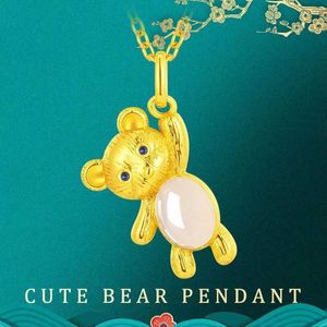 Pendant Necklaces Natural Hetian White Jade Cute Bear Necklace Ancient Gilded Non fading JewelryHXYS052 Q240525