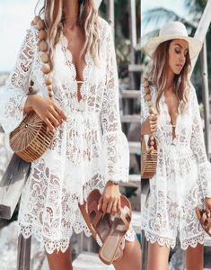 2020 Kvinnors baddräkt Cover Up Sleeve Beach Tunic Dress Robe de Plage Solid White Cotton Pareo Beach High Collar Cover Up2929643