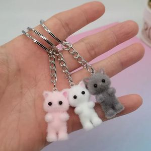 1PCS 3D Cartoon Flocking Cat Keychain Kawaii Key Ring Animal Chains Souvenir Gifts For Women Men Car Keys DIY Jewelry 240523