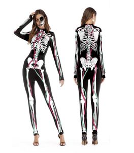 2018 New Halloween Cosplay Suits for Women Human Skeleton Pattern Costumes Halloween Party Skintight Printed Long Sleeve Bodysuit2156720