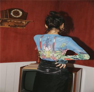 チョートアートシアーメッシュトップロングスリーブタイトなTシャツの女性グラフィックTシャツベーシックTシャツ下着秋ファッション2009258679264