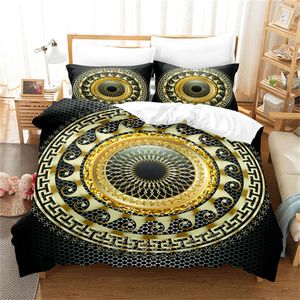 3D Luksusowe czarne złote zestawy pościeli greckie meandra kołdry zestawy okładki łóżka Królowa King size nowoczesny geometryczny bedspread 240523