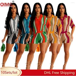 Damen -Trailsuits 10 Großhandel Summer Strick -Outfits Frauen zweiteilige Sets kurzarm Hemd Top Shorts gestreift Strickschweißanzug 217