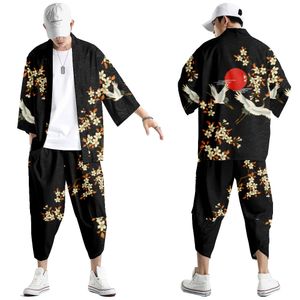 Twopiece Suit Oversize XXS6XL Japanese Style Fashion Kimono And Pants Set Men Cardigan Blouse Haori Obi Asian Clothes 240523