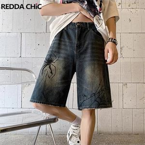 REDDACHIC Retro Mens Wide Leg Denim Shorts Spider Print Whiskers Knee Long Casual Pants Cropped Jeans Jorts Hiphop Streetwear 240523