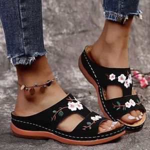 Wedge 319 Women Summer Slippers Sandals Premium Open Open Toe Slipper Vintage Anti-Slip Leather Casual Platform Exmbroidere E5C