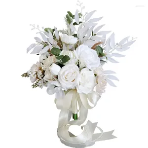 Flores decorativas Buquetes de noiva brancos Casamento com fita para damas de honra PONTRAÇÃO DE PONTRAÇÃO