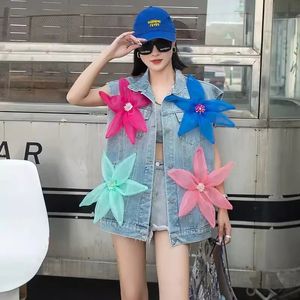 Streetwear Fashion Mesh Flowers Blue Short Denim Vest Women Casual Lapel Single Breasted Sleeveless Cowboy Waistcoat Jacket 240524