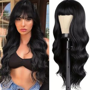 HomeProduct Centerwomensストレートバンズビグ波と長い巻き毛ヘアブラックマット化学繊維高温シルク240510