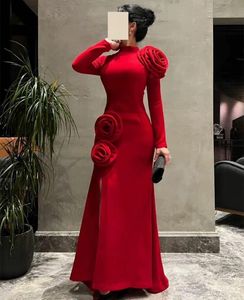 Vintage Long Sleeve Red Evening Dresses with Hand Made Flowers/Slit Sheath High Neck Crepe Floor Length Formal Occasion Prom Party Gowns