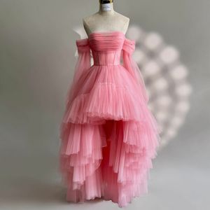 Vintage Hi-Lo Pink Tulle Strapless Evening Dresses Long Sleeve Pleated Asymmetrical Length Formal Occasion Prom Party Gowns
