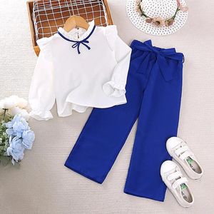 Roupas conjuntos de garotas roupas de 4-7 anos de chiffon branca blusa azul com cinto de pernas largas calças 2 pcs