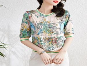 2022 Summer Tshirt Floral Tops Designer feminino de manga curta Oneck fino elegante tshirts vintage Office Casual Lady Sweet Cu4782943
