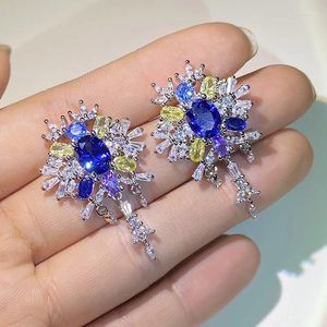 Stud Earrings High Quality Luxury Violet-blue Gemstone Earings Micro Inlay Zircon For Women 925 Silver Wedding Dress Jewelry