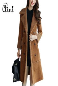 Mulheres de 2017 de 2017 camurça camadas de couro comprido trespôs duplas casacos femininos de inverno legendas senhoras faux sheepskin windbreake2678988