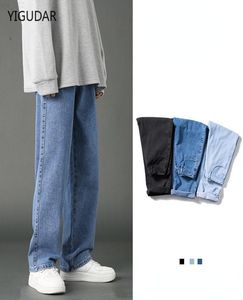 2021 Autumn New Streetwear Baggy Jeans Men Korean Fashion Loose Straight Wide Leg Pants Male Brand Clothing Black Light BlueT220718816888