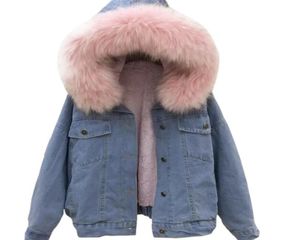 women faux leather jean jacket Winter Thick Jean Jacket Faux Fur Collar Fleece Hooded Denim Coat Female Warm Denim Outwear2135588