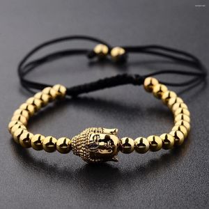Strand Men Gold Plated Buddha Head Bracelet Micro Zircon Beads 5mm Copper Beaded Braiding Macrame Bracelets Fashion Jewelry