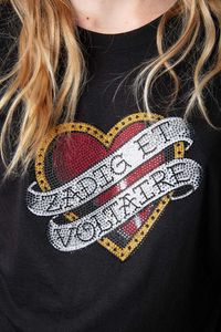 Women's T-shirt Zadig Voltaire Womens Black Cotton Tee - Love Letter Hot Diamond Print Versatile Short Sleeve Summer Top5ddo
