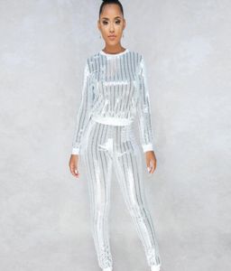 Calças de 2 peças femininas roupas de prata sexy litter lantejas de blusa metálica e calça de calça de roupa, roupas de roupas de roupas de roupas