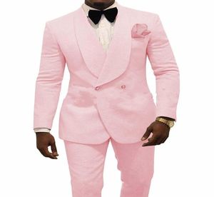 Groom smoking Pink Mens Wedding Tuxedos Szal Lapel Man Jacket Blazer Mass Men Men Promdinner 2piece SuciacketPantstie9548203