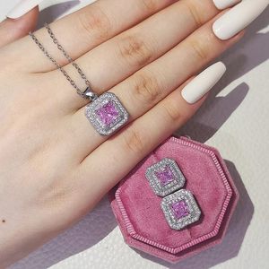 مجموعة المجوهرات الماس الوردي المصنوعة يدويًا 925 قلادة زفاف سيلر الحزب