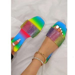 Summer Open Beach Rhinestone Slippers Fashion Toe Flat Sandals Outdoor Casual Women's Shoes Plus Si 247