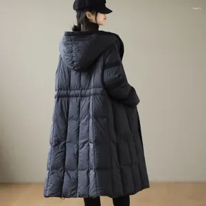 女性のダウン2024冬90％ホワイトダックジャケットエレガントな長いパフふわふわコートフード付き女性ルーズフェザーパーカースノーアウトウェア