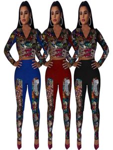 Women Multi Sequin Tracksuits Bling V Neck Long Sleeve Pullover Crop Top High Waist Long Slim Pant Club Party 2 Piece Pants Set Ou6498536